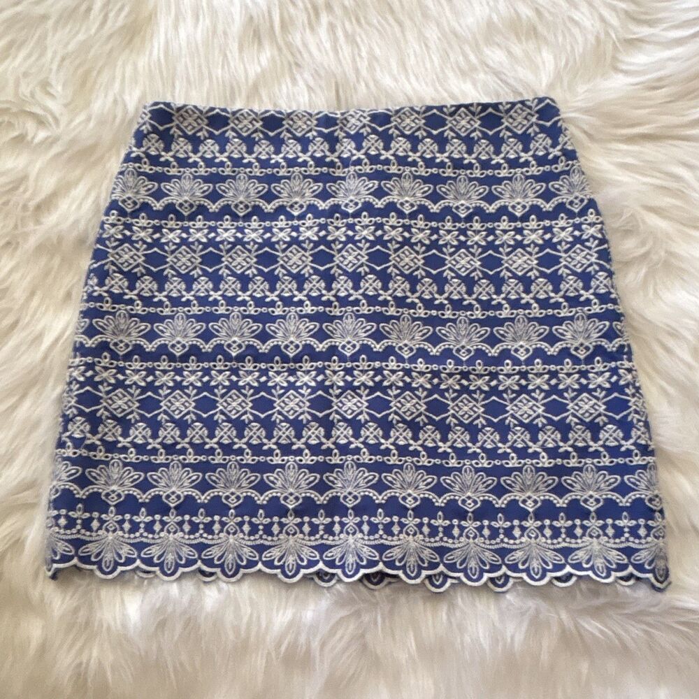 LOFT Womens Blue White Geometric Embroidered Scalloped Mini Skirt 6 Zip